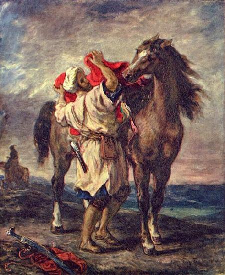 Eugene Delacroix Marokkaner beim Satteln seines Pferdes